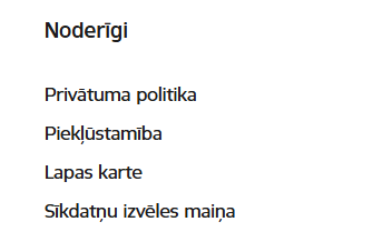 Sadaļa ‘Noderīgi’, kurā redzamas saites uz Privātuma politiku, Piekļūstamības informāciju, Lapas karti un Sīkdatņu izvēles maiņu.