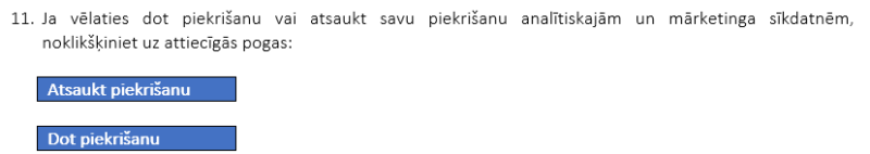 Pogas ‘Atsaukt piekrišanu’ un ‘Dot piekrišanu’ analītiskajām un mārketinga sīkdatnēm