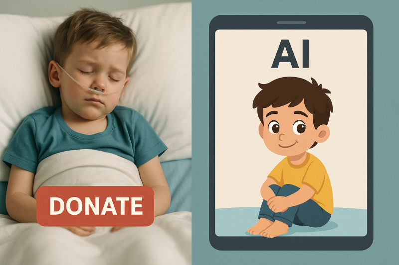 Divdaļīgs attēls. Kreisajā pusē redzams reālistisks, slimnīcas gultā guļošs zēns ar deguna skābekļa caurulīti un uzrakstu “DONATE”. Labajā pusē – zīmēts bērns, attēlots mobilā telefona ekrānā ar uzrakstu “AI”, kas simbolizē mākslīgā intelekta ģenerētu tēlu. Attēls vizuāli kontrastē reālu bērna fotoattēlu ar MI radītu ilustrāciju.