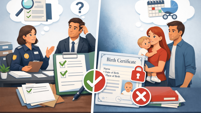 Darbinieks un darba devējs apspriež dokumentu pārbaudi, kamēr otrā pusē attēlota ģimene ar bērnu un dokuments, simbolizējot personas datu apstrādi un privātuma aizsardzību.