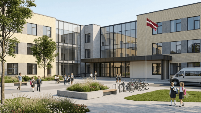 Mūsdienīga skola ar stikla fasādi, Latvijas karogu un skolēniem labiekārtotā pagalmā.