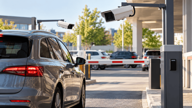 Automašīna pie iebrauktuves autostāvvietā. Virs iebrauktuves izvietotas kameras transportlīdzekļa numura fiksēšanai.