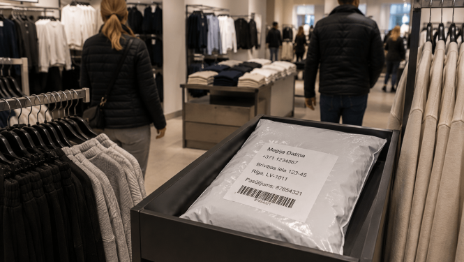 Apģērbu veikalā atklāti novietota klienta paka ar redzamiem personas datiem, tai garām pārvietojas pircēji.