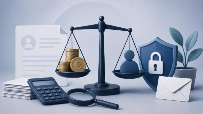 Vizuāls ar svariem, monētām, personas simbolu un datu aizsardzības elementiem, kas attēlo līdzsvaru starp parādsaistībām, personas datu apstrādi un privātuma aizsardzību.