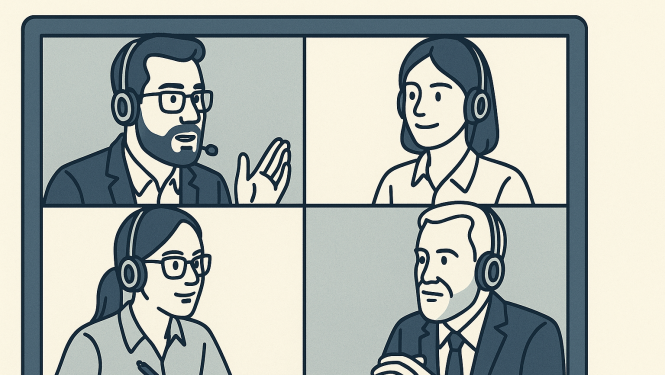 Digitāla ilustrācija modernā, plakanā mākslas stilā attēlo četru cilvēku tiešsaistes sapulci. Katrs dalībnieks redzams savā kvadrātā ekrānā, visi ar austiņām un mikrofonu. 