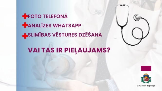 Ārsts ar planšeti un stetoskops. Teksts: “Foto telefonā. Analīzes WhatsApp. Slimības vēstures dzēšana. Vai tas ir pieļaujams?”