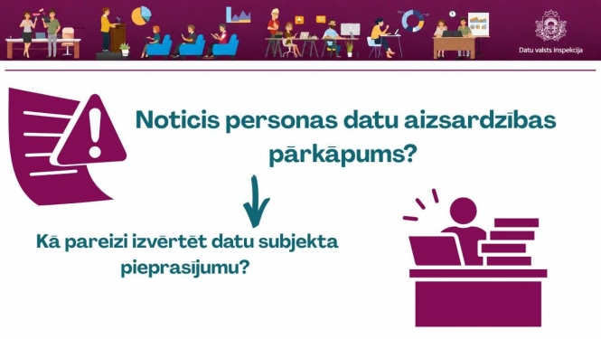 Infografika ar virsrakstu: "Noticis personas datu aizsardzības pārkāpums? Kā pareizi izvērtēt datu subjekta pieprasījumu?" Kreisajā pusē attēlota dokumenta un brīdinājuma zīmes ikona, labajā pusē – cilvēks pie rakstāmgalda ar dokumentu kaudzi.