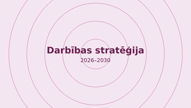 Maigi rozā un violetos toņos veidots fons ar koncentriskiem apļiem, kas izstaro no centra. Attēla vidū tumši violetā krāsā izcelts teksts “Darbības stratēģija”, zem tā mazākā izmērā “2026–2030”. Kopējais dizains ir minimālistisks un simboliski atgādina datu plūsmu vai fokusa punktu.