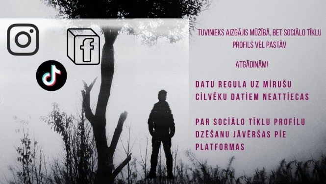 Cilvēka siluets pie koka miglainā ainavā. Augšējā kreisajā stūrī Instagram, Facebook un TikTok simboli.