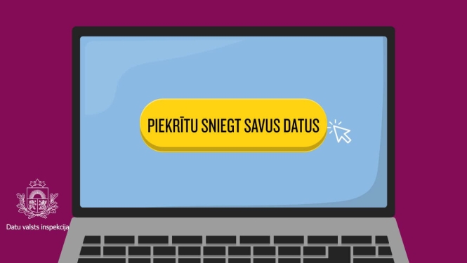 Ilustrācija ar portatīvo datoru, kura ekrānā redzama dzeltena poga ar uzrakstu “Piekrītu sniegt savus datus” un peles kursors. Attēla kreisajā pusē – Datu valsts inspekcijas logo.