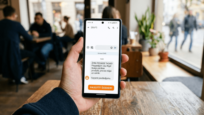 Viedtālrunis vīrieša rokā uz kafejnīcas fona. Ekrānā redzama SMS reklāma latviešu valodā par ātru piegādi Rīgā un oranža poga "PASŪTĪT ŠODIEN!".
