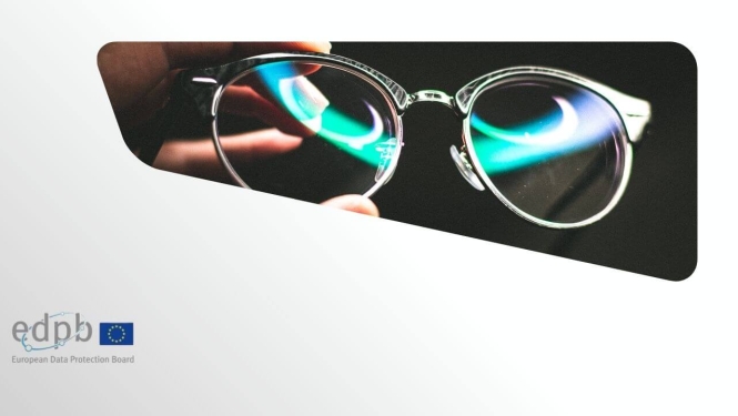 A hand holding glasses with coloured reflections in the lenses, alongside the European Data Protection Board logo.