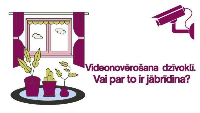 Ilustrācija ar dzīvokļa logu, telpaugiem un videonovērošanas kameru. Teksts: “Videonovērošana dzīvoklī. Vai par to ir jābrīdina?”