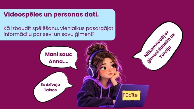  Meitene ar austiņām pie datora, uz kura redzams segvārds “Pūcīte”. Sarunu burbuļos viņa atklāj savu vārdu, dzīvesvietu un ģimenes ceļojuma plānus.
