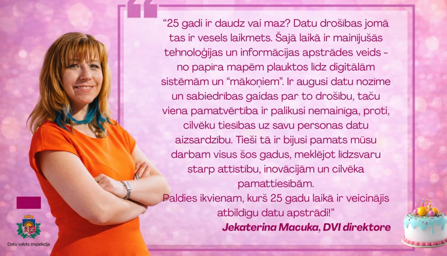 Rozā toņu vizuālis ar Datu valsts inspekcijas direktores portretu kreisajā pusē un citāta rāmīti labajā pusē.