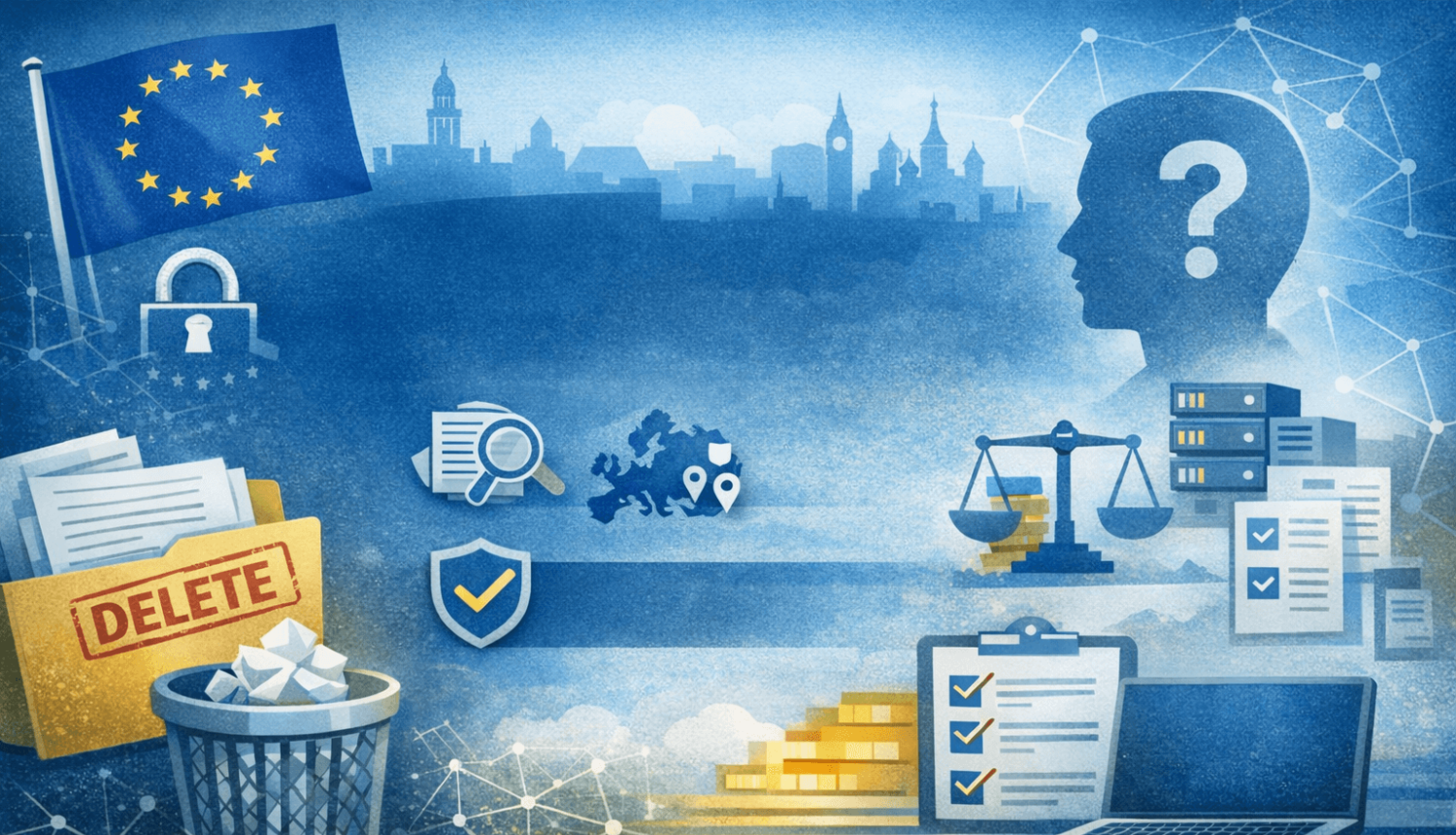 Ilustrācija zilgani dzeltenā tonī par datu dzēšanas un privātuma tēmu Eiropā. Kreisajā pusē redzams Eiropas Savienības karogs un papīru kaudze atkritumu grozā.