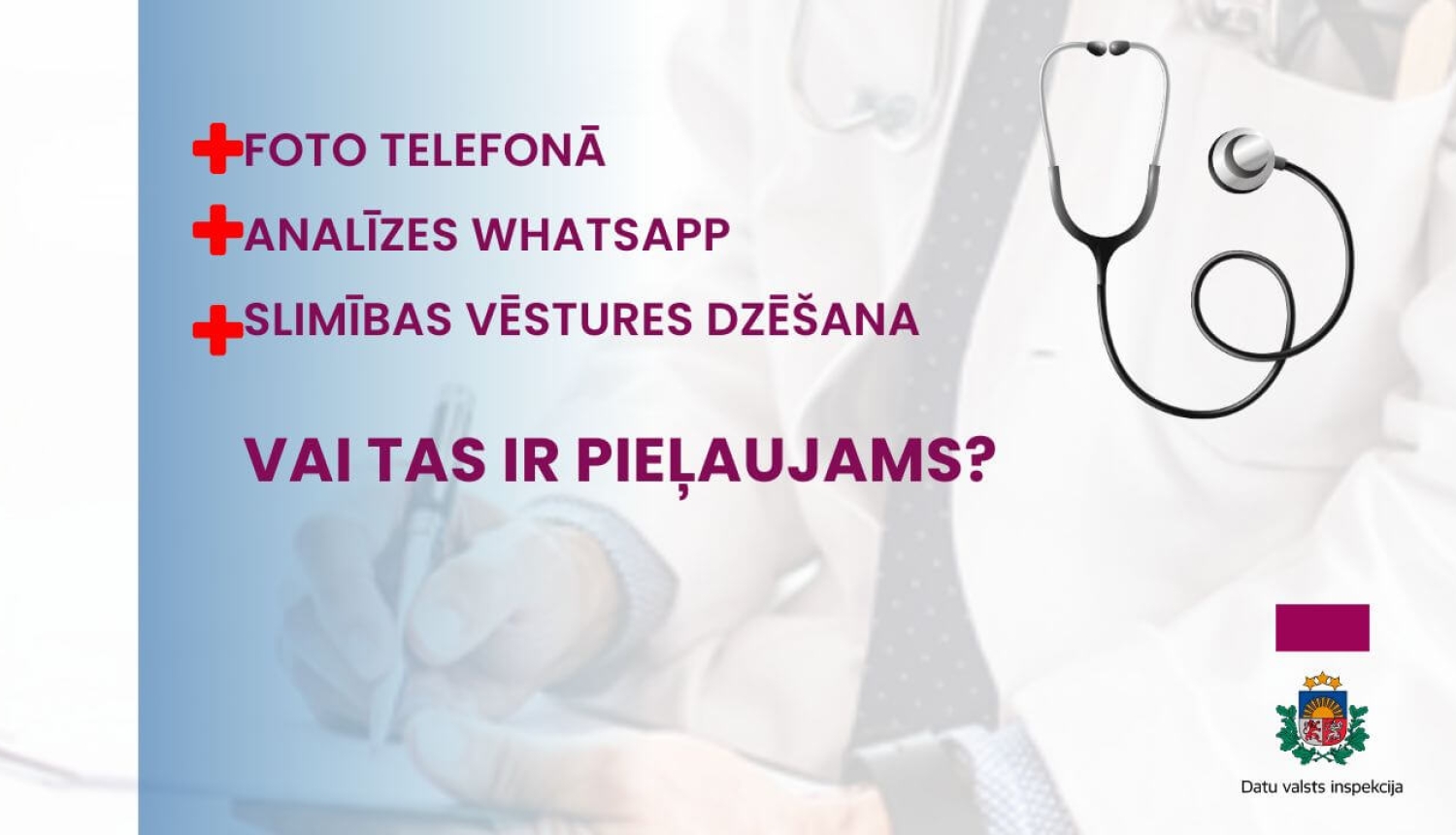 Ārsts ar planšeti un stetoskops. Teksts: “Foto telefonā. Analīzes WhatsApp. Slimības vēstures dzēšana. Vai tas ir pieļaujams?”