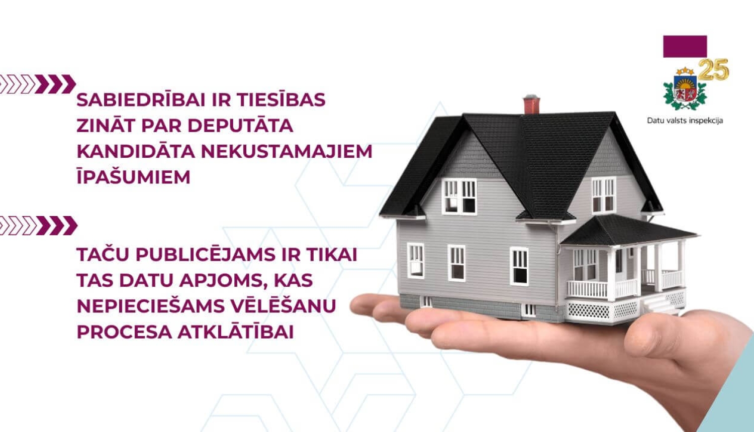Attēlota māja uz cilvēka plaukstas. Norādīts, ka sabiedrībai ir tiesības zināt par deputāta kandidāta nekustamajiem īpašumiem, taču publicējams tikai tāds datu apjoms, kas nepieciešams vēlēšanu procesa atklātībai.