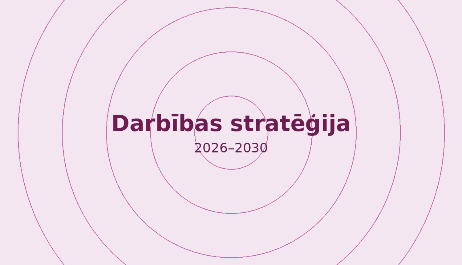 Maigi rozā un violetos toņos veidots fons ar koncentriskiem apļiem, kas izstaro no centra. Attēla vidū tumši violetā krāsā izcelts teksts “Darbības stratēģija”, zem tā mazākā izmērā “2026–2030”. Kopējais dizains ir minimālistisks un simboliski atgādina datu plūsmu vai fokusa punktu.