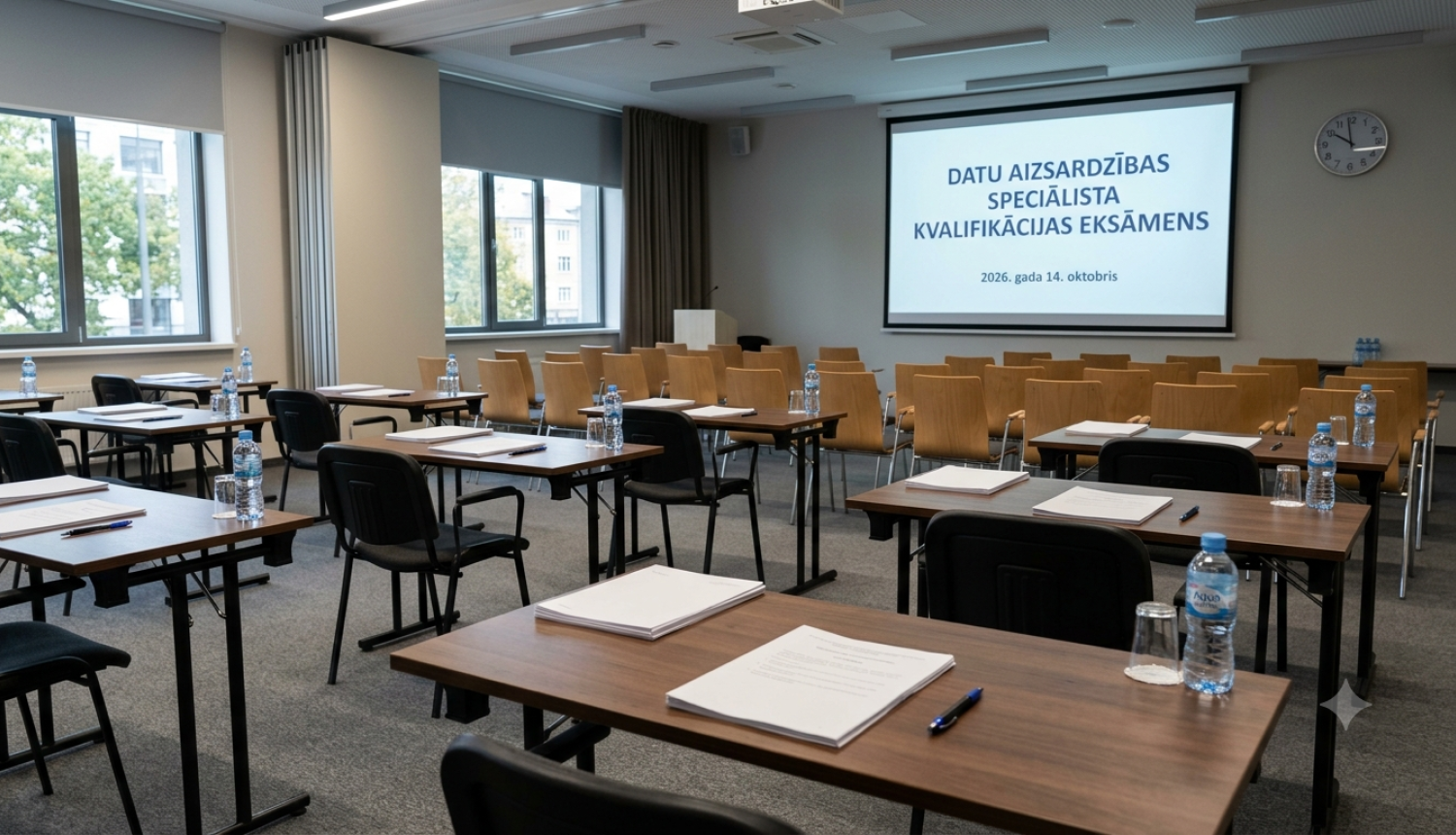 Tukša konferenču telpa ar sagatavotiem galdiem un projektora ekrānu, uz kura rakstīts "Datu aizsardzības speciālista kvalifikācijas eksāmens, 2026. gada 14. oktobris".