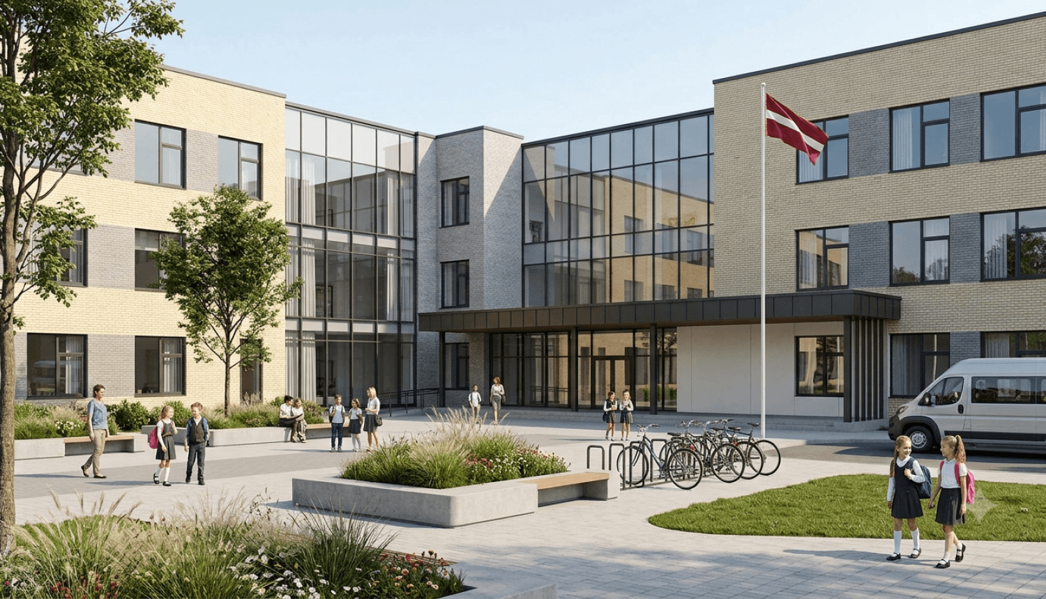 Mūsdienīga skola ar stikla fasādi, Latvijas karogu un skolēniem labiekārtotā pagalmā.
