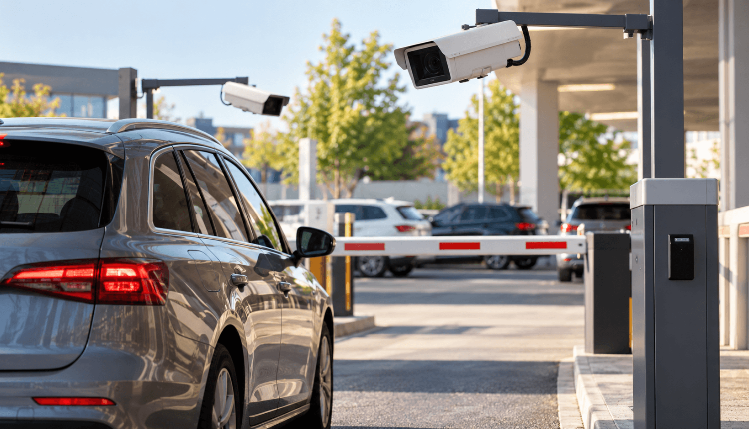 Automašīna pie iebrauktuves autostāvvietā. Virs iebrauktuves izvietotas kameras transportlīdzekļa numura fiksēšanai.