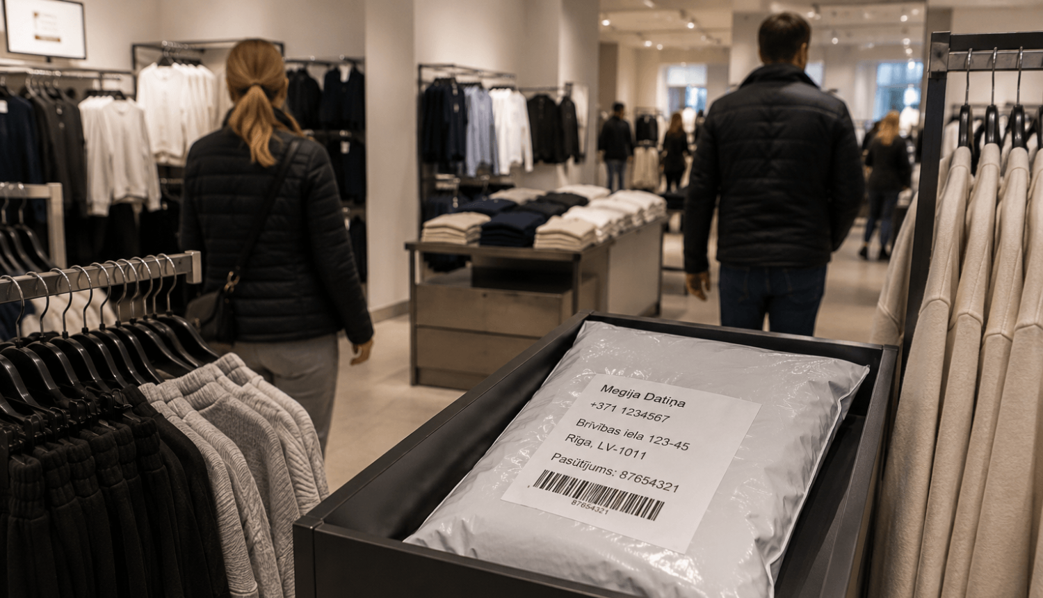 Apģērbu veikalā atklāti novietota klienta paka ar redzamiem personas datiem, tai garām pārvietojas pircēji.