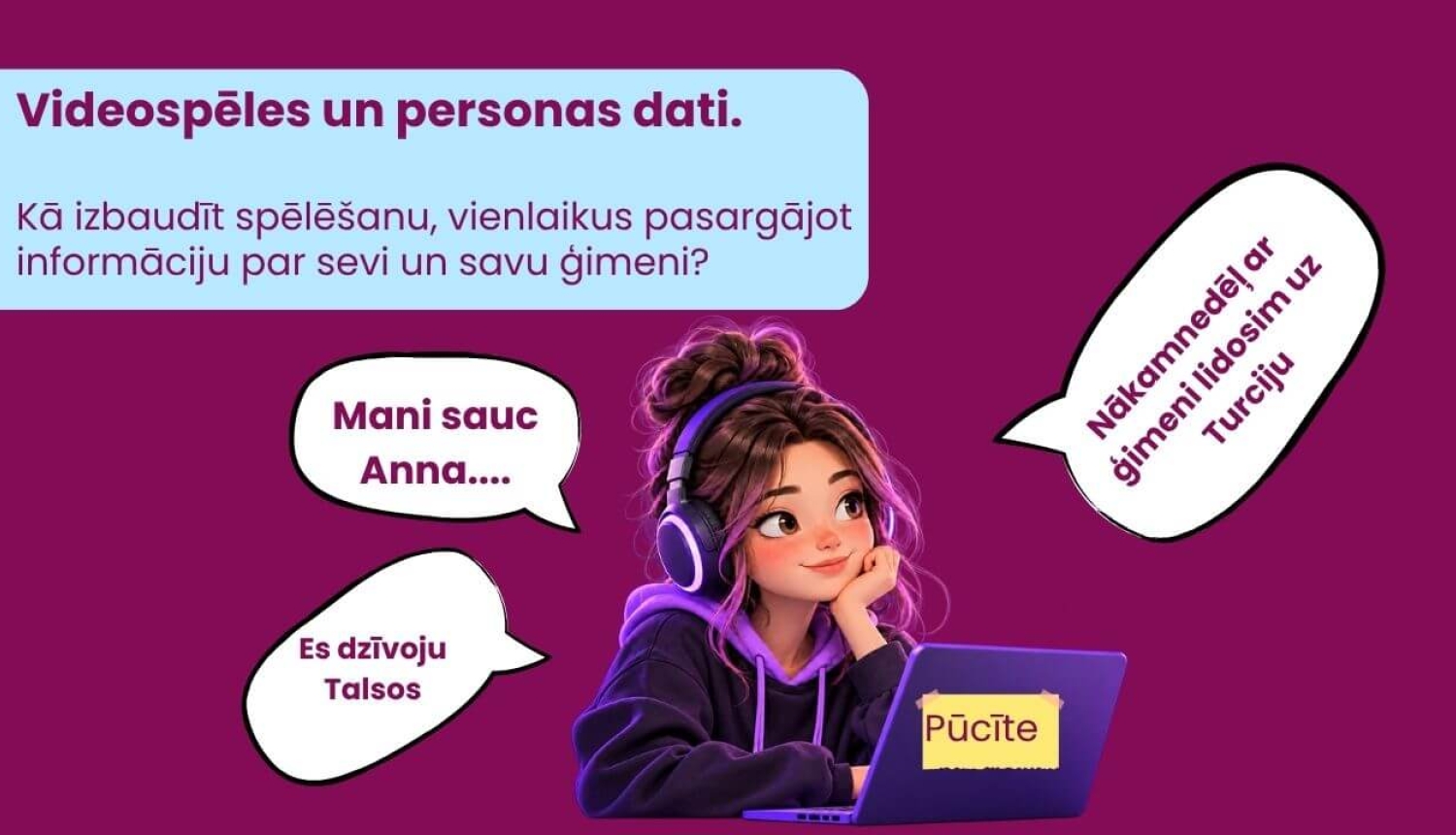  Meitene ar austiņām pie datora, uz kura redzams segvārds “Pūcīte”. Sarunu burbuļos viņa atklāj savu vārdu, dzīvesvietu un ģimenes ceļojuma plānus.
