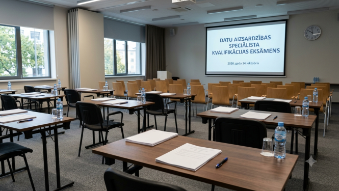 Tukša konferenču telpa ar sagatavotiem galdiem un projektora ekrānu, uz kura rakstīts "Datu aizsardzības speciālista kvalifikācijas eksāmens, 2026. gada 14. oktobris".