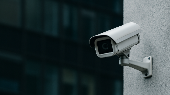 Videonovērošanas kamera uz ēkas sienas pilsētvidē.