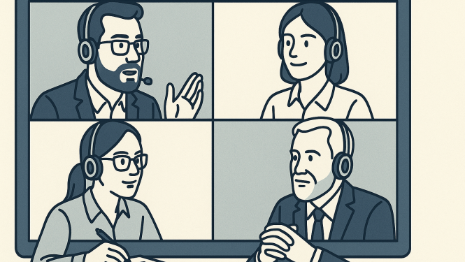 Digitāla ilustrācija modernā, plakanā mākslas stilā attēlo četru cilvēku tiešsaistes sapulci. Katrs dalībnieks redzams savā kvadrātā ekrānā, visi ar austiņām un mikrofonu. 