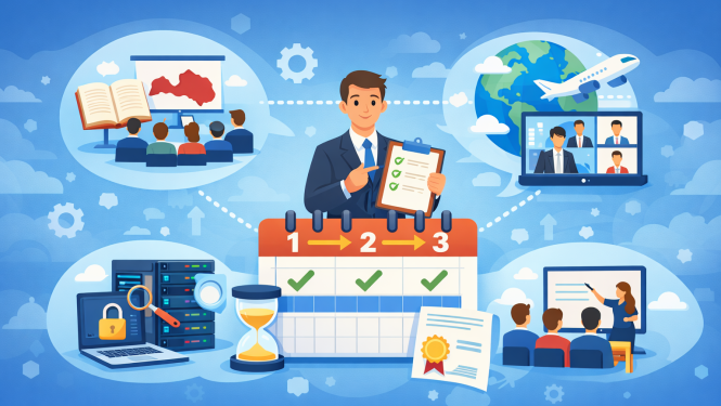 Ilustrācija ar cilvēku un kontrolsarakstu, apkārt attēlotas dažādas mācības un profesionālā attīstība trīs gadu periodā.