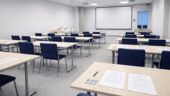 "Plaša, gaiša eksāmena telpa ar vairākām rindās izvietotām galdiem un krēsliem. Uz galdiem novietotas papīra lapas, pildspalvas un personu apliecinošs dokuments.