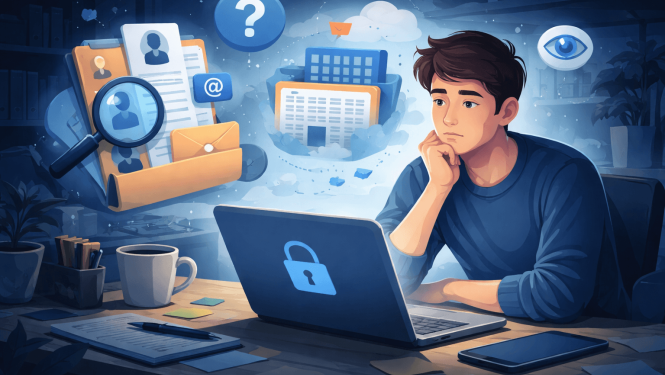 Domīgs cilvēks sēž pie datora un skatās ekrānā, kamēr apkārt redzami simboli, kas saistīti ar personas datiem un privātumu.