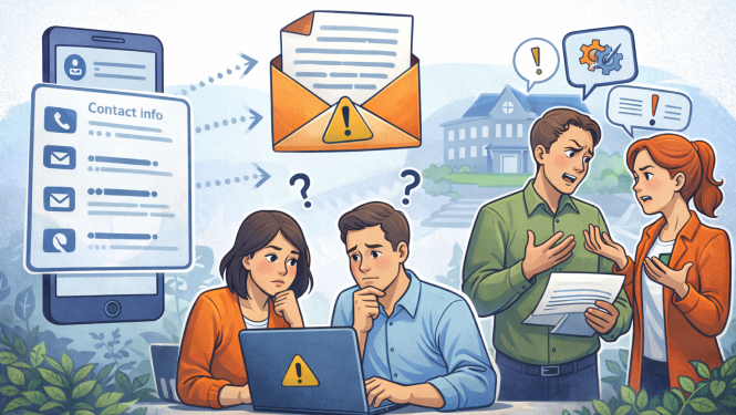 Ilustrācija, kurā redzami vecāki, kas ar bažām lasa e-pastu datorā, fonā skolas ēka un darbinieki, kas strīdas. Attēlā simboliski parādīta vecāku kontaktinformācijas izmantošana iekšēju konfliktu risināšanai skolā.