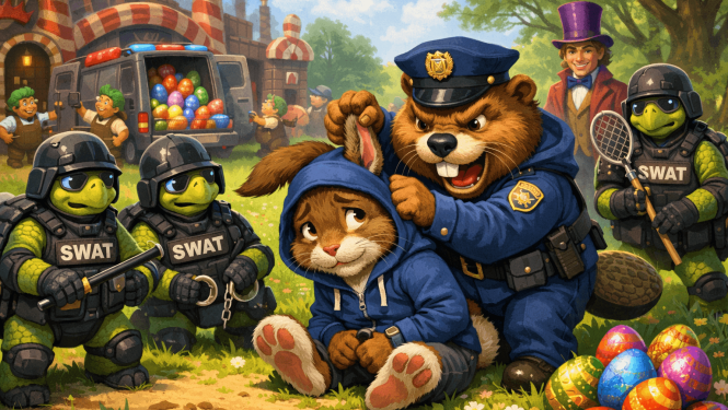 Animēta Lieldienu ilustrācija: policists-bebrs aiztur zaķi kapucē, kam apkārt stāv bruņurupuči policijas ekipējumā, fonā šokolādes fabrika, krāsainas Lieldienu olas un fantāzijas tēli.