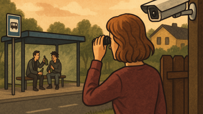 Sieviete savā pagalmā vēro autobusa pieturu, kur divi jaunieši sēž un dzer, kamēr pie mājas sienas uzstādītā videonovērošanas kamera ir vērsta ielas virzienā