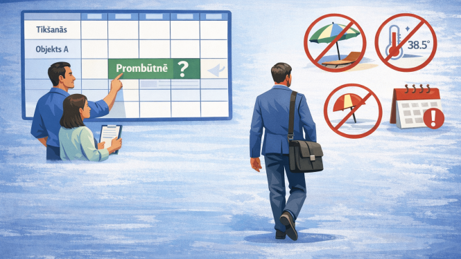 Darba kalendārs ar atzīmi par darbinieka prombūtni, pie kura stāv divi kolēģi un skatās grafikā. Labajā pusē redzams prom ejošs vīrietis ar portfeli, bet blakus attēloti vairāki nosvītroti simboli (pludmale ar saulessargu, termometrs, lietussargs un kalendārs).