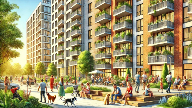 Daudzdzīvokļu mājas, pie kurām redzami cilvēki