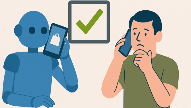 Cilvēks runā pa telefonu ar robotu, starp viņiem redzams zaļš atzīmes simbols, kas norāda uz piekrišanu automatizētiem zvaniem.