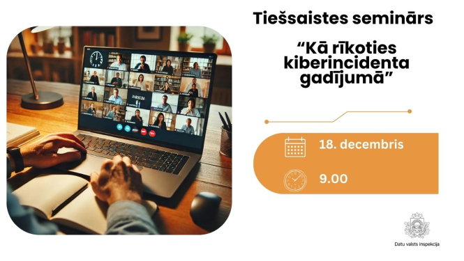 Tiešsaistes semināra vizuālais paziņojums. Kreisajā pusē redzams portatīvais dators uz galda, kura ekrānā notiek videokonference ar vairākiem dalībniekiem.