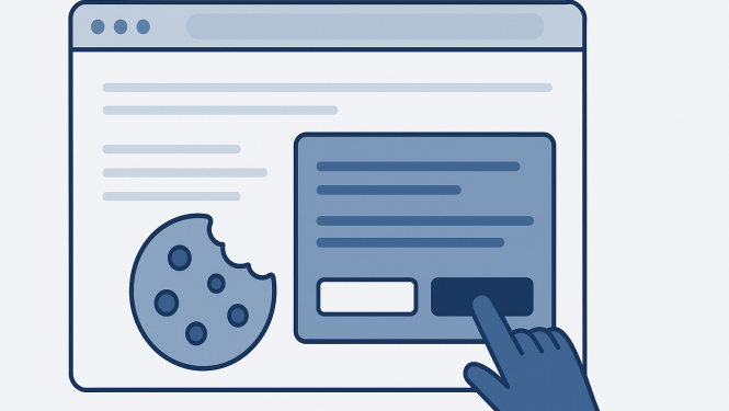 Tīmekļa pārlūka logs ar sīkdatnes simbolu un roku, kas noklikšķina uz pogas sīkdatņu piekrišanas logā