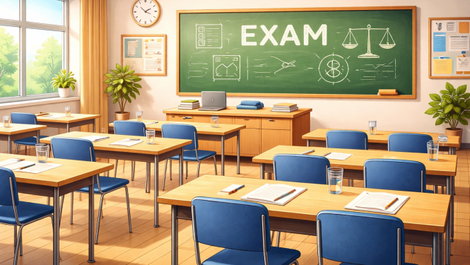 Gaiša klases telpa ar rindās izvietotiem koka galdiem un zilām krēsliem. Uz galdiem atvērtas burtnīcas un glāzes ar ūdeni, priekšā galds un liela tāfele pie sienas, telpā ieplūst dienasgaisma no loga