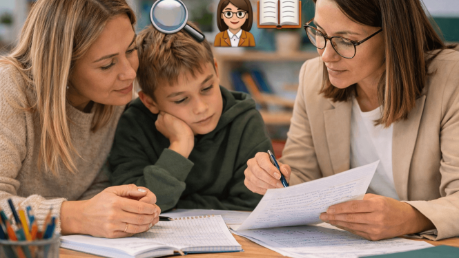 Skolotāja klasē kopā ar māti un skolēnu apskata pārbaudes darbu, norādot uz labojumiem un pārrunājot skolēna sniegumu