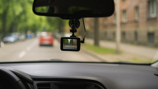 Skats no automašīnas salona uz ceļu caur priekšējo stiklu ar videoreģistratoru, kas filmē satiksmi pilsētā.