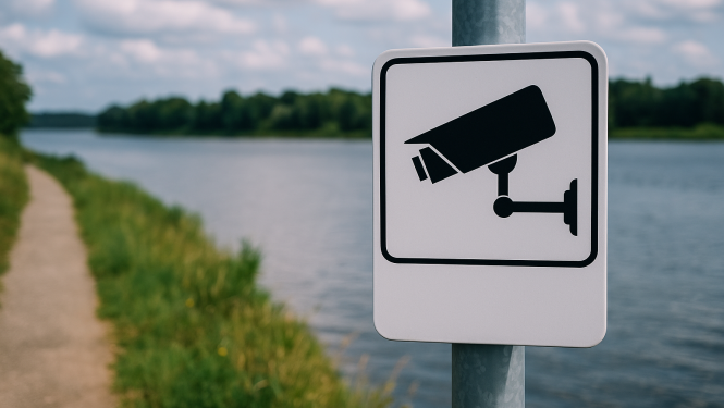 Videonovērošanas zīme uzstādīta tauvas joslā pie ūdensmalas takas, ar upi un apzaļumotu krastu fonā