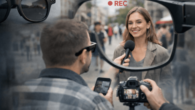 Cilvēks ar viedajām brillēm intervē sievieti uz ielas, kamēr apkārt redzami garāmgājēji; attēls ilustrē filmēšanu publiskā vietā no briļļu nēsātāja skatupunkta.
