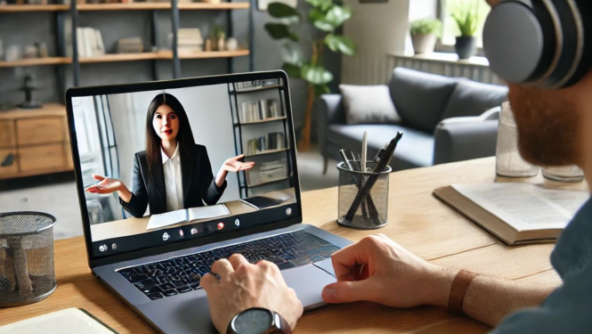 Sieviete vada online semināru, vīrietis klausās to