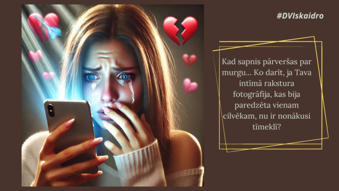 Meitene skatās uz telefonu, viņai birst asaras. Apkārt redzamas salauztas sirdis