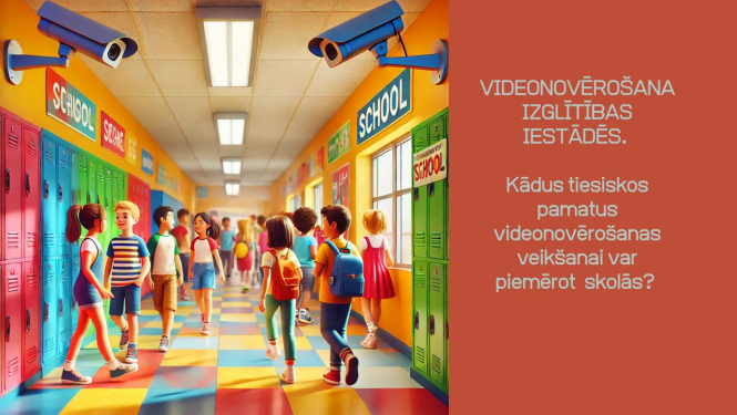 Skolēni skolas gaitenī, redzamas videonovērošanas kameras